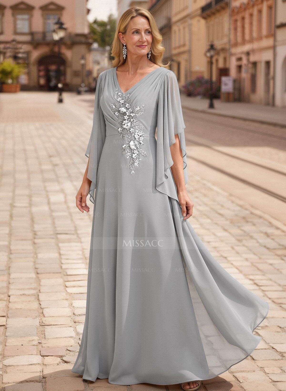 A-Line V-Neck 1/2 Sleeves Floor-Length Chiffon Mother Of The Bride Dresses With Appliques Lace