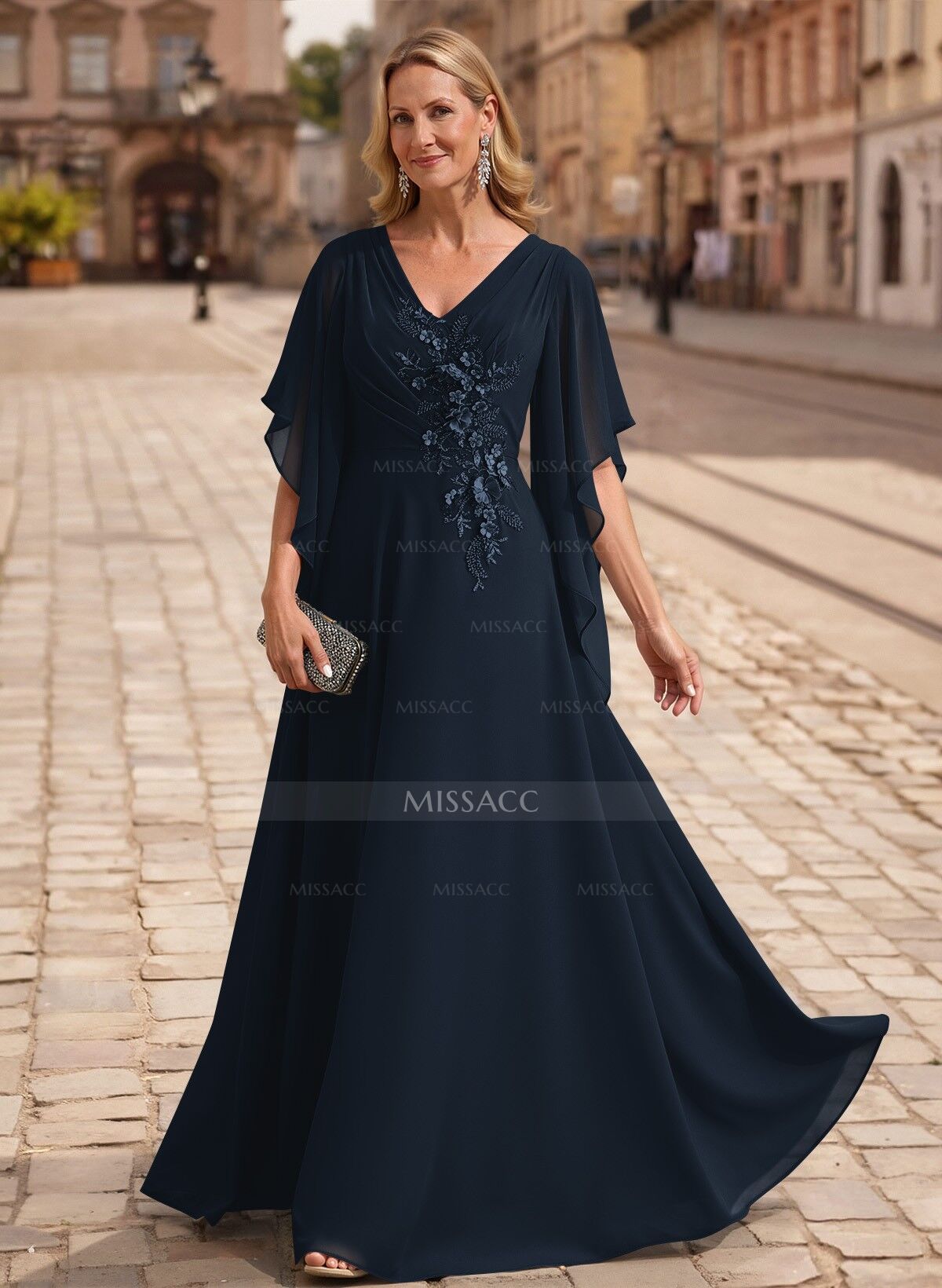 A-Line V-Neck 1/2 Sleeves Floor-Length Chiffon Mother Of The Bride Dresses With Appliques Lace