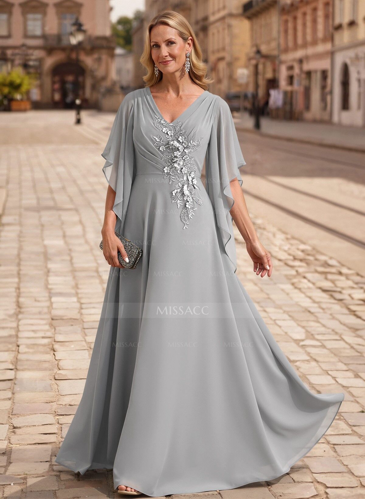 A-Line V-Neck 1/2 Sleeves Floor-Length Chiffon Mother Of The Bride Dresses With Appliques Lace
