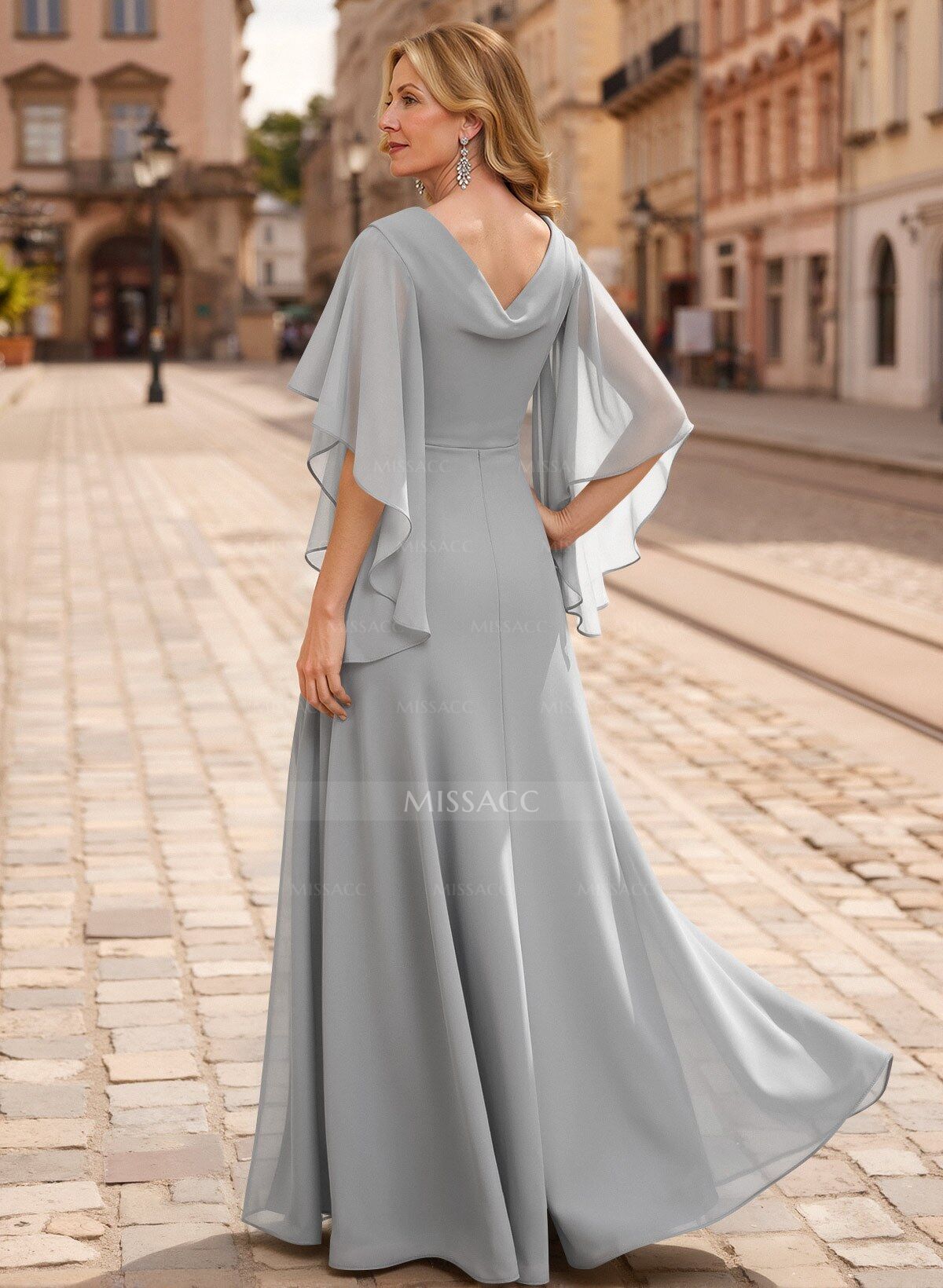 A-Line V-Neck 1/2 Sleeves Floor-Length Chiffon Mother Of The Bride Dresses With Appliques Lace