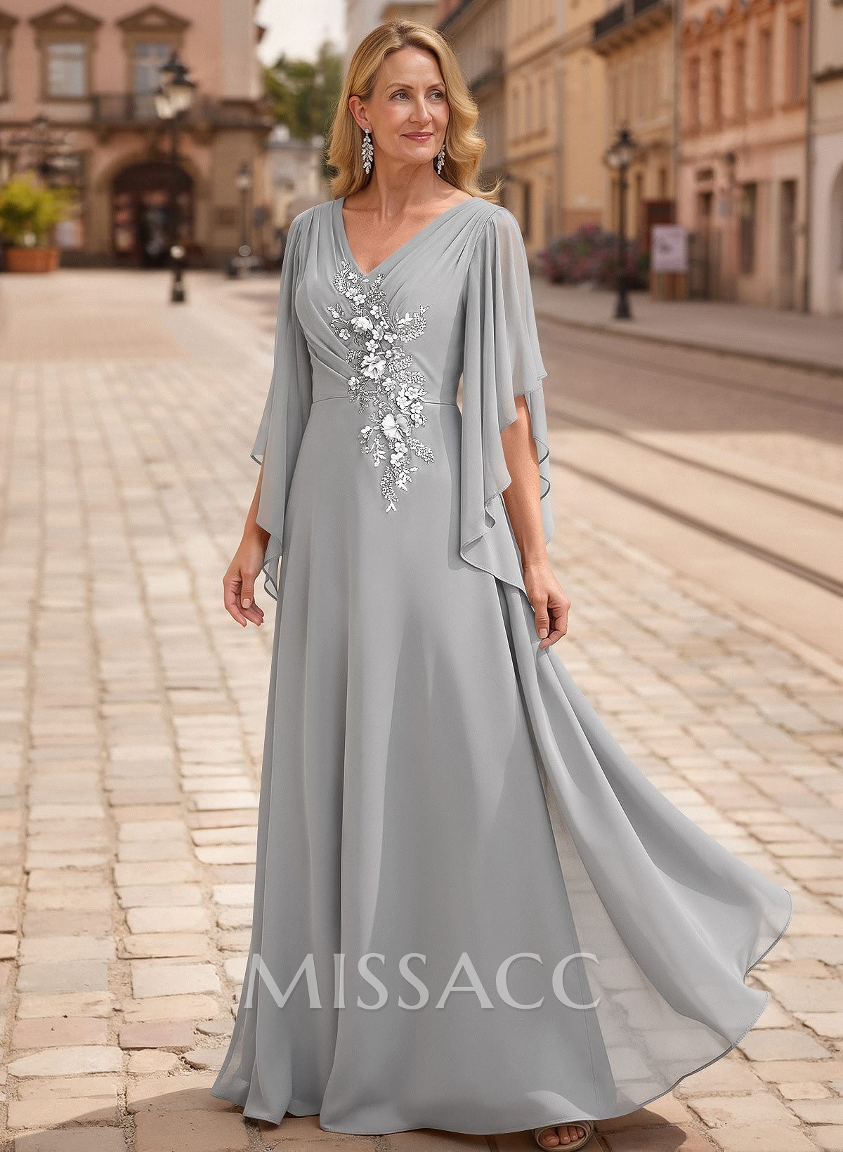 A-Line V-Neck 1/2 Sleeves Floor-Length Chiffon Mother Of The Bride Dresses With Appliques Lace