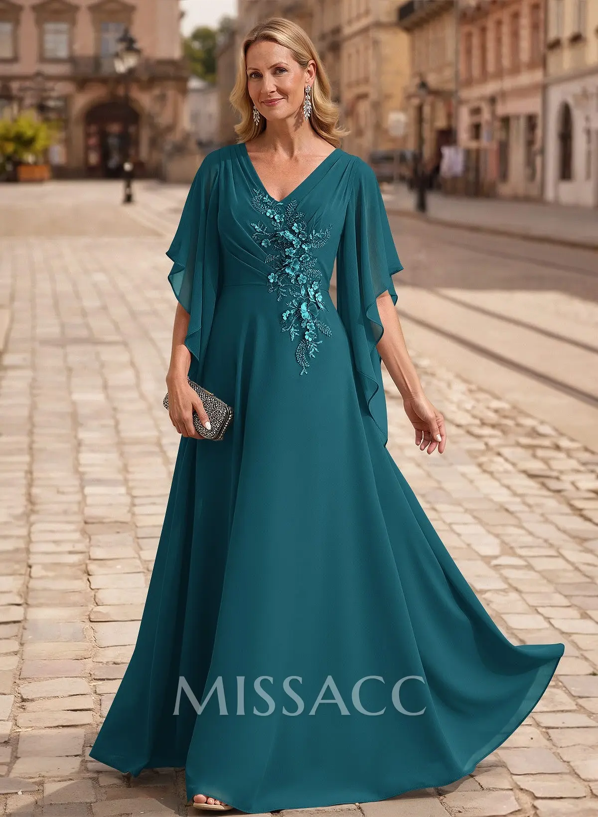 A-Line V-Neck 1/2 Sleeves Floor-Length Chiffon Mother Of The Bride