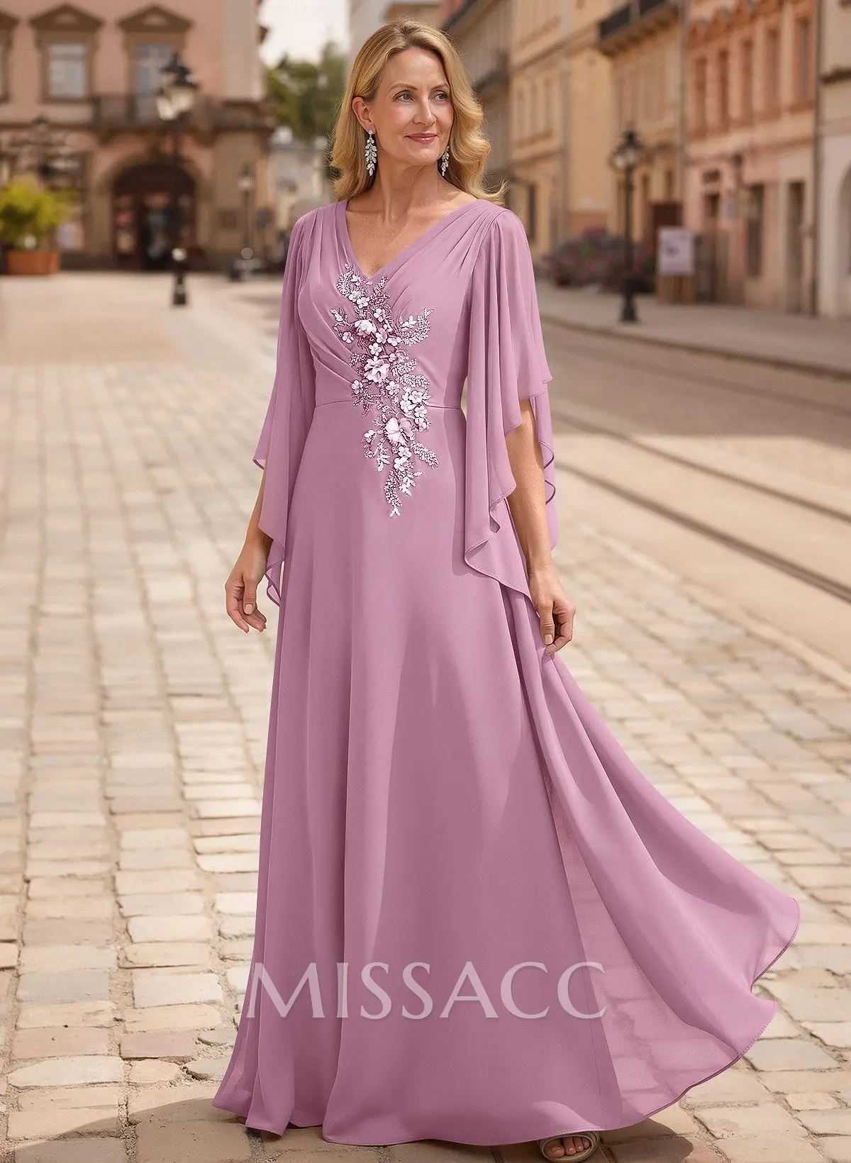 A-Line V-Neck 1/2 Sleeves Floor-Length Chiffon Mother Of The Bride