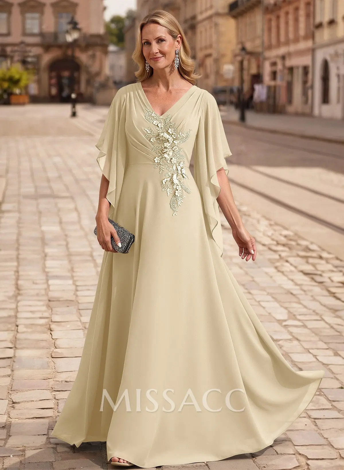 A-Line V-Neck 1/2 Sleeves Floor-Length Chiffon Mother Of The Bride
