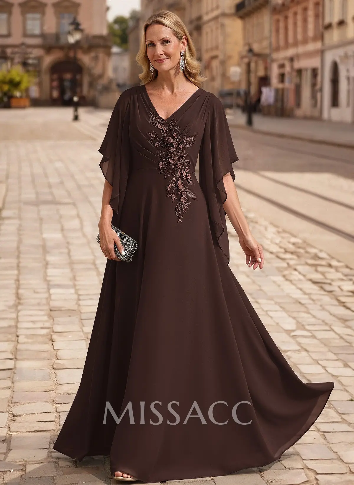 A-Line V-Neck 1/2 Sleeves Floor-Length Chiffon Mother Of The Bride