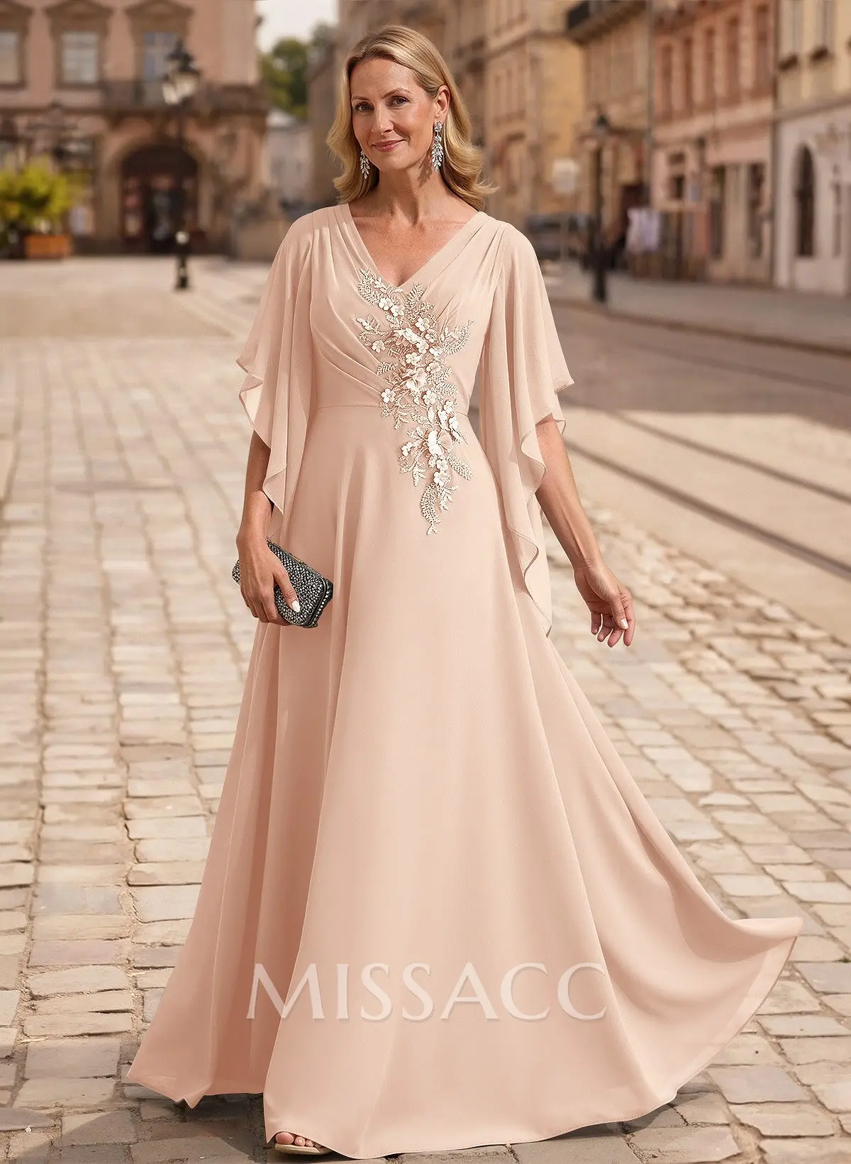 A-Line V-Neck 1/2 Sleeves Floor-Length Chiffon Mother Of The Bride