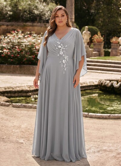 A-Line V-Neck 1/2 Sleeves Floor-Length Chiffon Mother Of The Bride Dresses With Appliques Lace