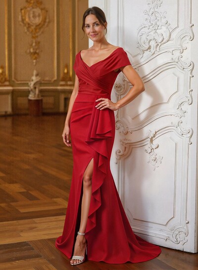 Sheath/Column V-Neck Sleeveless Sweep Train Elastic Satin Mother Of The Bride Dresses With Cascading Ruffles