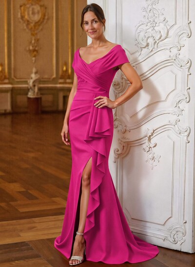 Sheath/Column V-Neck Sleeveless Sweep Train Elastic Satin Mother Of The Bride Dresses With Cascading Ruffles