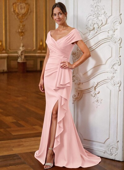 Sheath/Column V-Neck Sleeveless Sweep Train Elastic Satin Mother Of The Bride Dresses With Cascading Ruffles