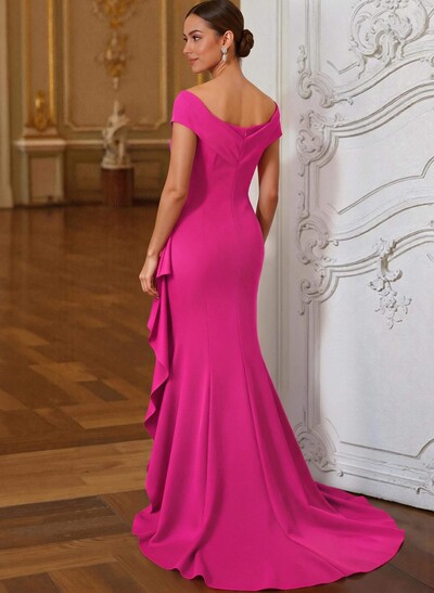 Sheath/Column V-Neck Sleeveless Sweep Train Elastic Satin Mother Of The Bride Dresses With Cascading Ruffles