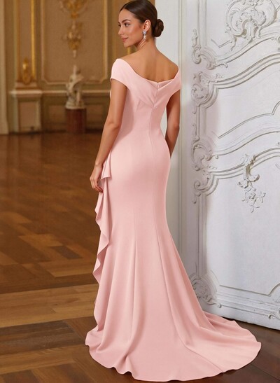 Sheath/Column V-Neck Sleeveless Sweep Train Elastic Satin Mother Of The Bride Dresses With Cascading Ruffles