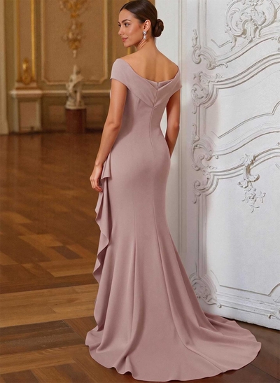 Sheath/Column V-Neck Sleeveless Sweep Train Elastic Satin Mother Of The Bride Dresses With Cascading Ruffles