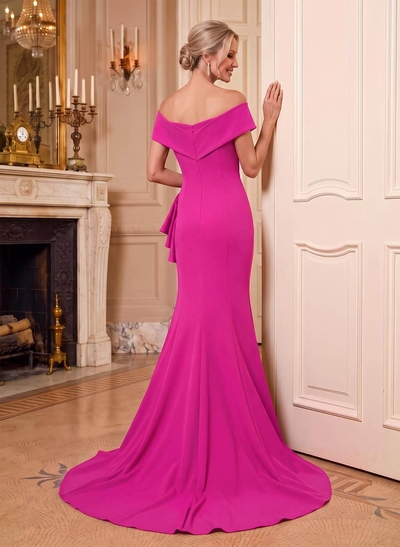 Sheath/Column V-Neck Sleeveless Sweep Train Elastic Satin Mother Of The Bride Dresses With Cascading Ruffles