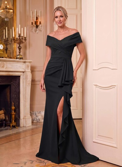Sheath/Column V-Neck Sleeveless Sweep Train Stretch Satin Mother of the Bride Dress with Cascading Ruffles