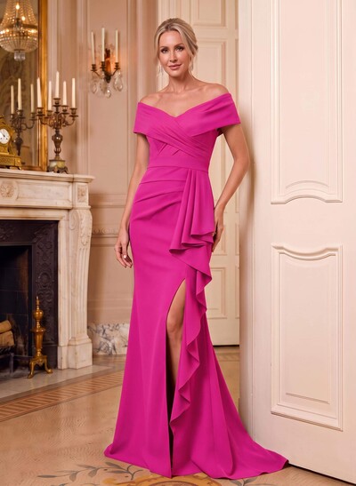 Sheath/Column V-Neck Sleeveless Sweep Train Elastic Satin Mother Of The Bride Dresses With Cascading Ruffles