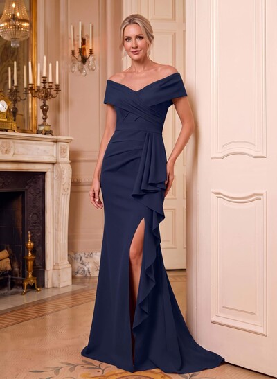 Sheath/Column V-Neck Sleeveless Sweep Train Elastic Satin Mother Of The Bride Dresses With Cascading Ruffles