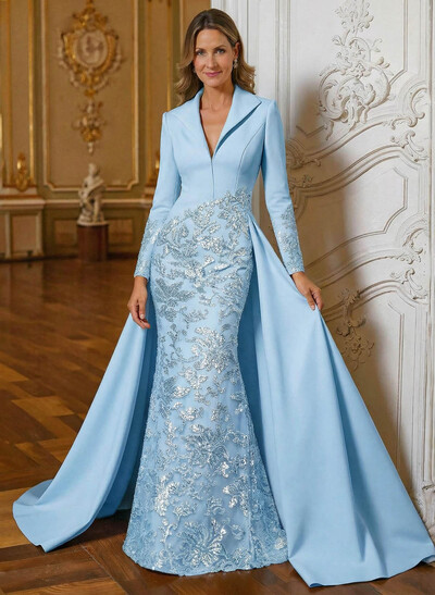 A-Line V-Neck Long Sleeves Sweep Train Lace/Satin Mother Of The Bride Dresses With Lace