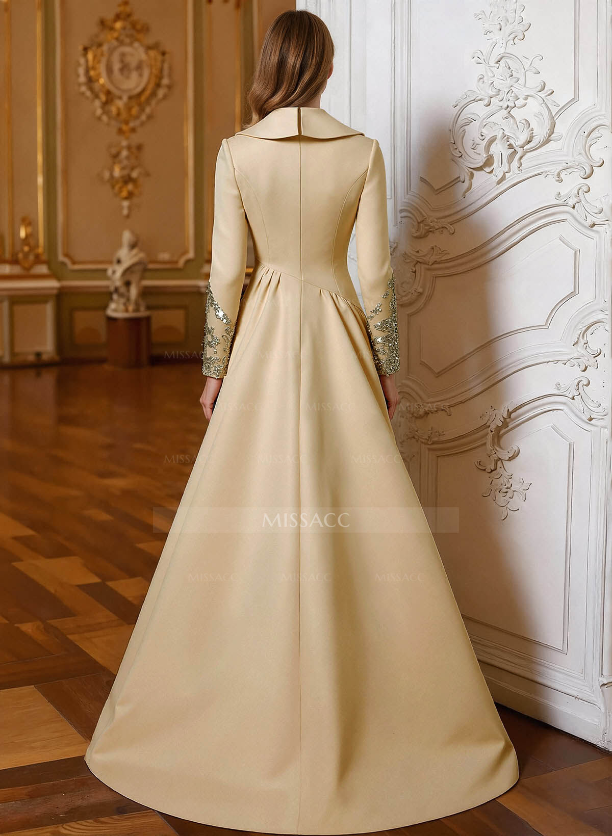A-Line V-Neck Long Sleeves Sweep Train Lace/Satin Mother Of The Bride Dresses With Lace