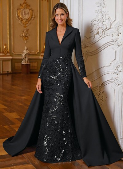 A-Line V-Neck Long Sleeves Sweep Train Lace/Satin Mother Of The Bride Dresses With Lace