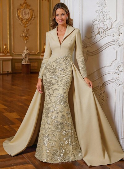 A-Line V-Neck Long Sleeves Sweep Train Lace/Satin Mother Of The Bride Dresses With Lace