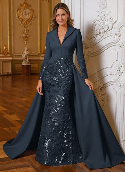 A-Line V-Neck Long Sleeves Sweep Train Lace/Satin Mother Of The Bride Dresses With Lace
