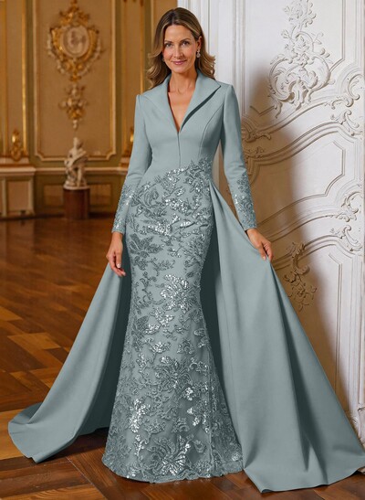 A-Line V-Neck Long Sleeves Sweep Train Lace/Satin Mother Of The Bride Dresses With Lace