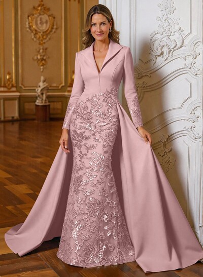 A-Line V-Neck Long Sleeves Sweep Train Lace/Satin Mother Of The Bride Dresses With Lace