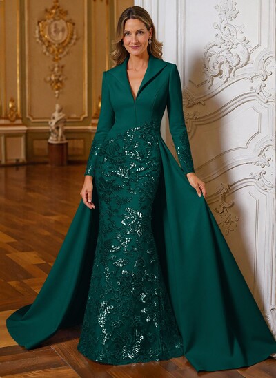 A-Line V-Neck Long Sleeves Sweep Train Lace/Satin Mother Of The Bride Dresses With Lace