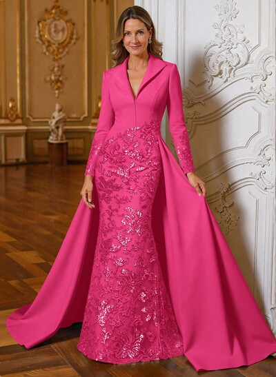 A-Line V-Neck Long Sleeves Sweep Train Lace/Satin Mother Of The Bride Dresses With Lace