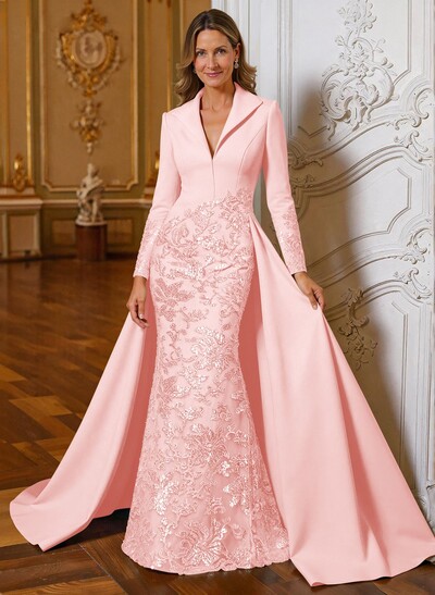 A-Line V-Neck Long Sleeves Sweep Train Lace/Satin Mother Of The Bride Dresses With Lace