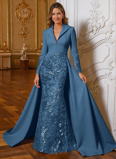 A-Line V-Neck Long Sleeves Sweep Train Lace/Satin Mother Of The Bride Dresses With Lace