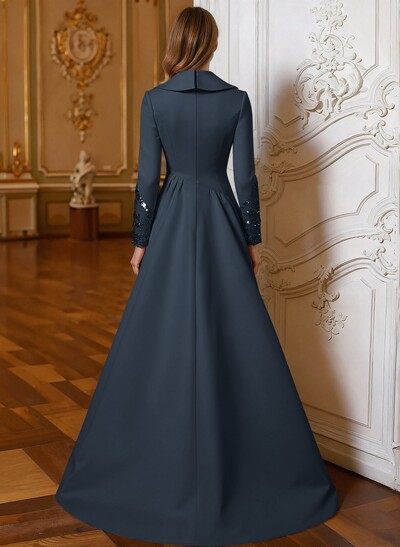 A-Line V-Neck Long Sleeves Sweep Train Lace/Satin Mother Of The Bride Dresses With Lace
