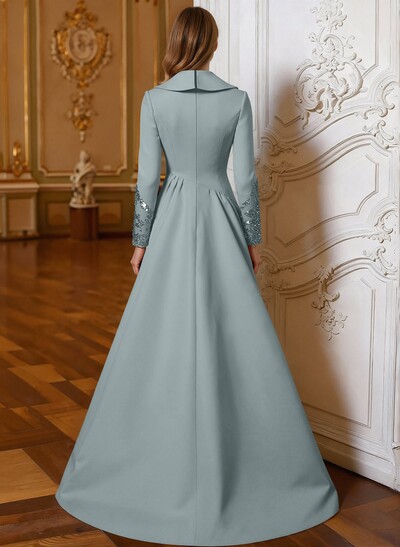 A-Line V-Neck Long Sleeves Sweep Train Lace/Satin Mother Of The Bride Dresses With Lace