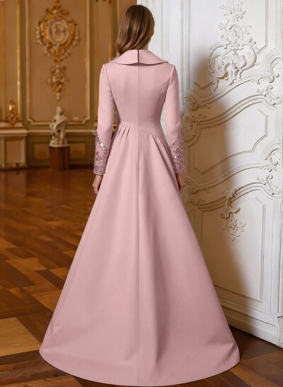 A-Line V-Neck Long Sleeves Sweep Train Lace/Satin Mother Of The Bride Dresses With Lace