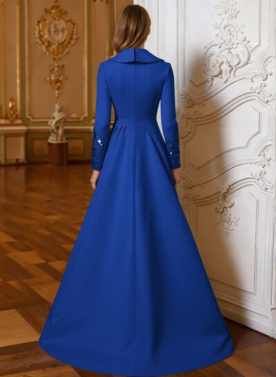 A-Line V-Neck Long Sleeves Sweep Train Lace/Satin Mother Of The Bride Dresses With Lace