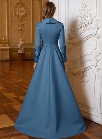 A-Line V-Neck Long Sleeves Sweep Train Lace/Satin Mother Of The Bride Dresses With Lace