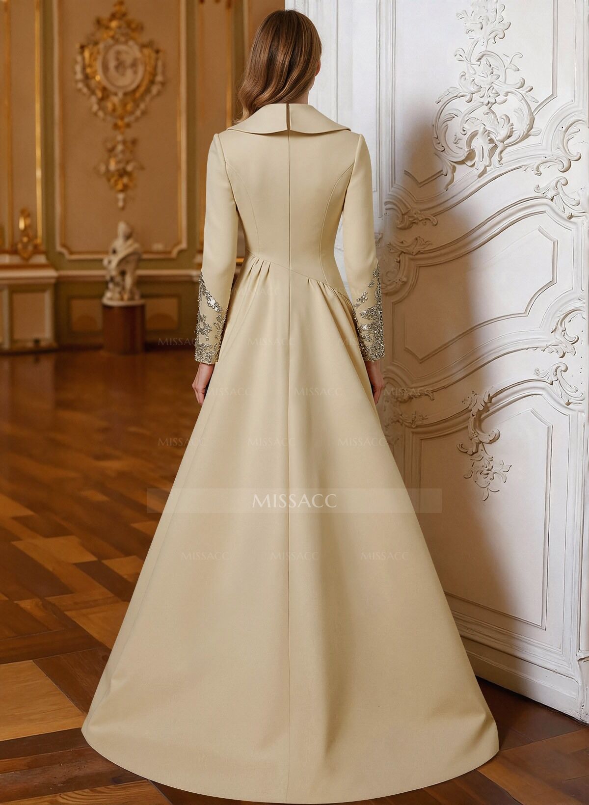 A-Line V-Neck Long Sleeves Sweep Train Lace/Satin Mother Of The Bride Dresses With Lace