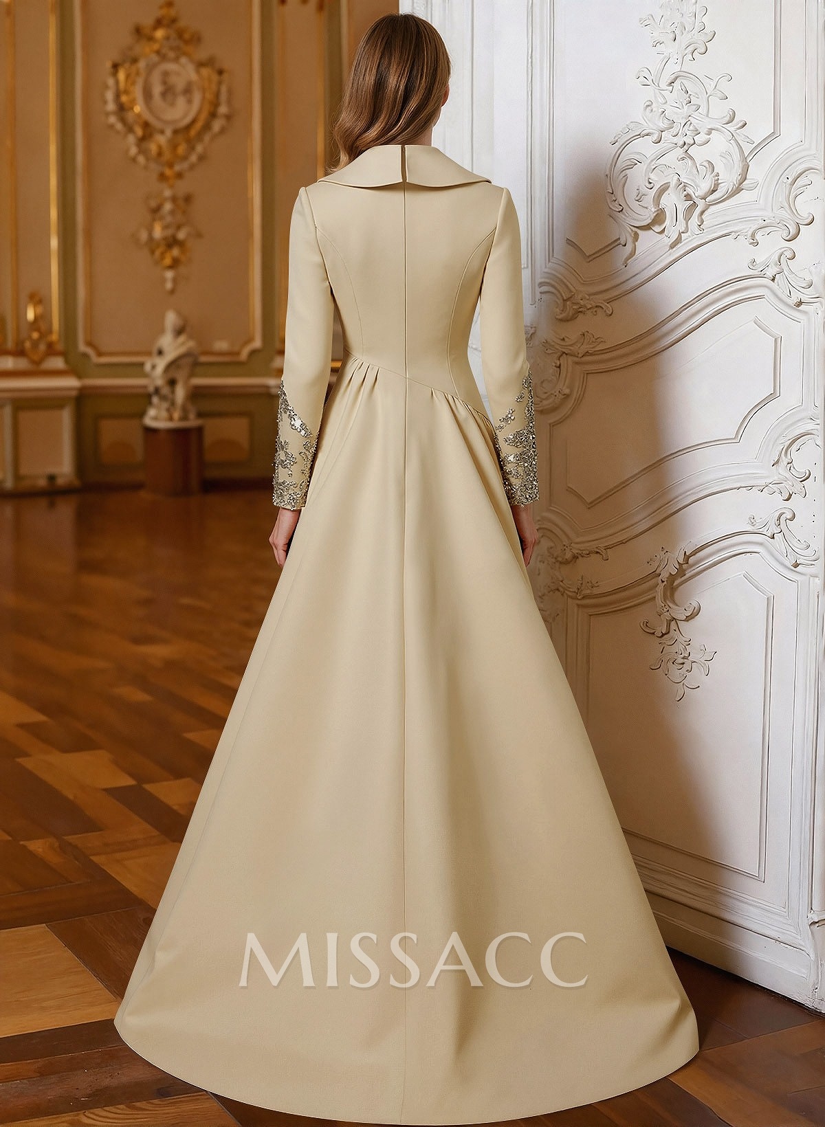 A-Line V-Neck Long Sleeves Sweep Train Lace/Satin Mother Of The Bride Dresses With Lace