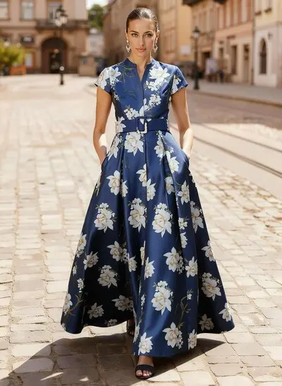 A-Line V-Neck Short Sleeves Ankle-Length Twill Satin Evening Dresses