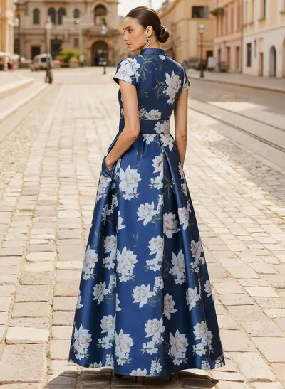 A-Line V-Neck Short Sleeves Ankle-Length Twill Satin Evening Dresses