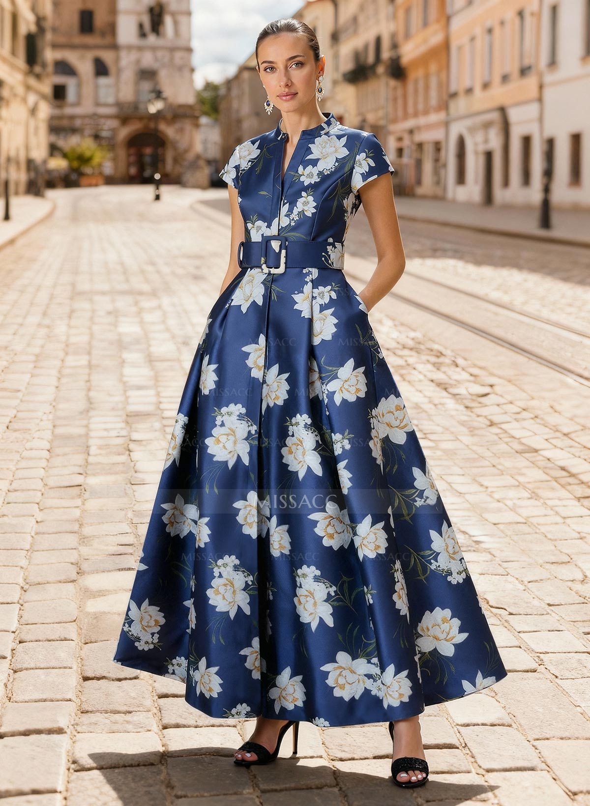 A-Line V-Neck Short Sleeves Ankle-Length Twill Satin Mother Of The Bride Dresses