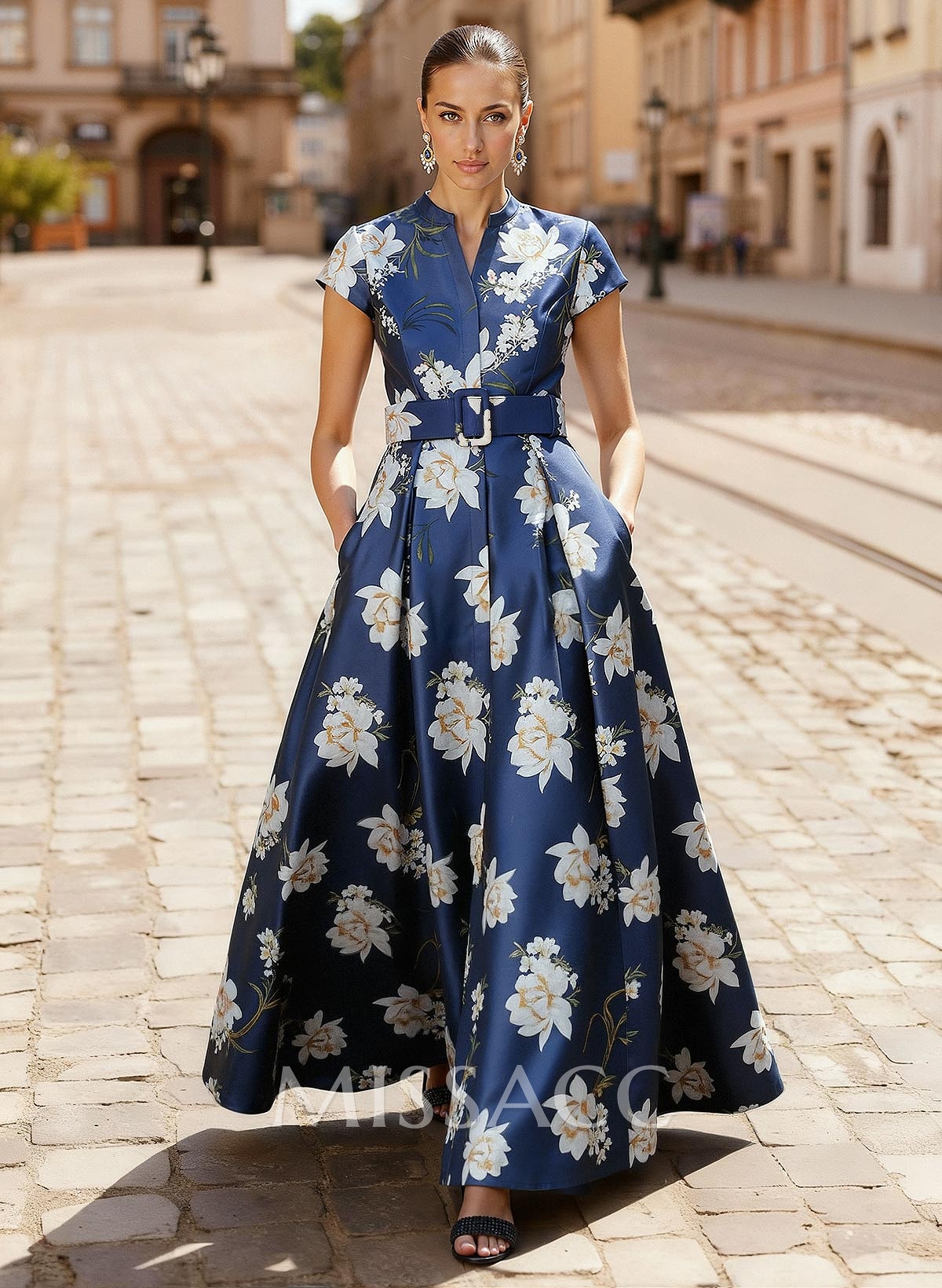 A-Line V-Neck Short Sleeves Ankle-Length Twill Satin Mother Of The Bride Dresses