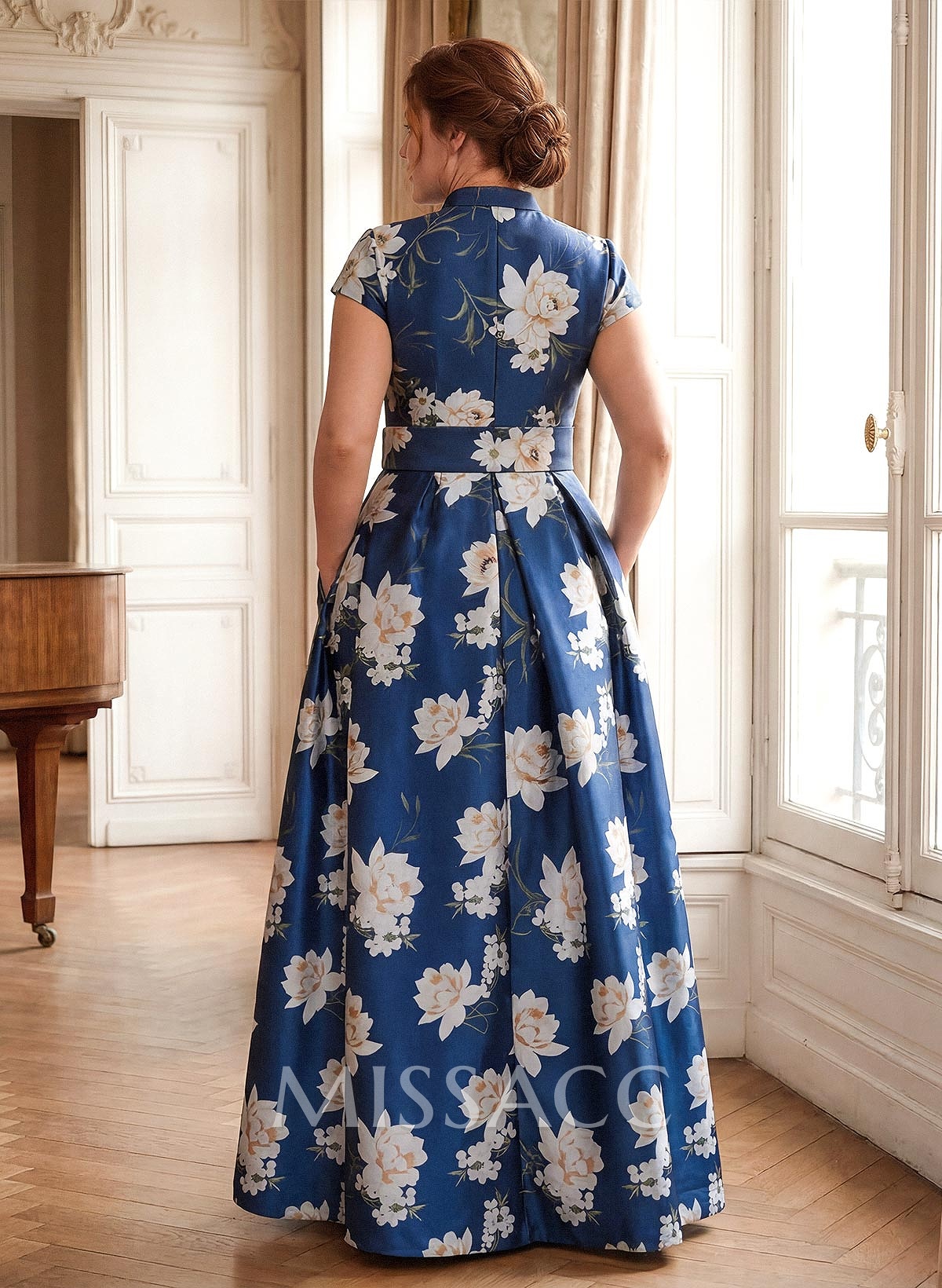 A-Line V-Neck Short Sleeves Ankle-Length Twill Satin Mother Of The Bride Dresses