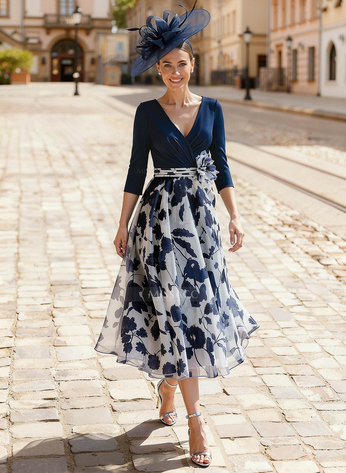 A-Line V-Neck 3/4 Sleeves Tea-Length Stretch Chiffon Mother Of The Bride Dresses With Flower(s)