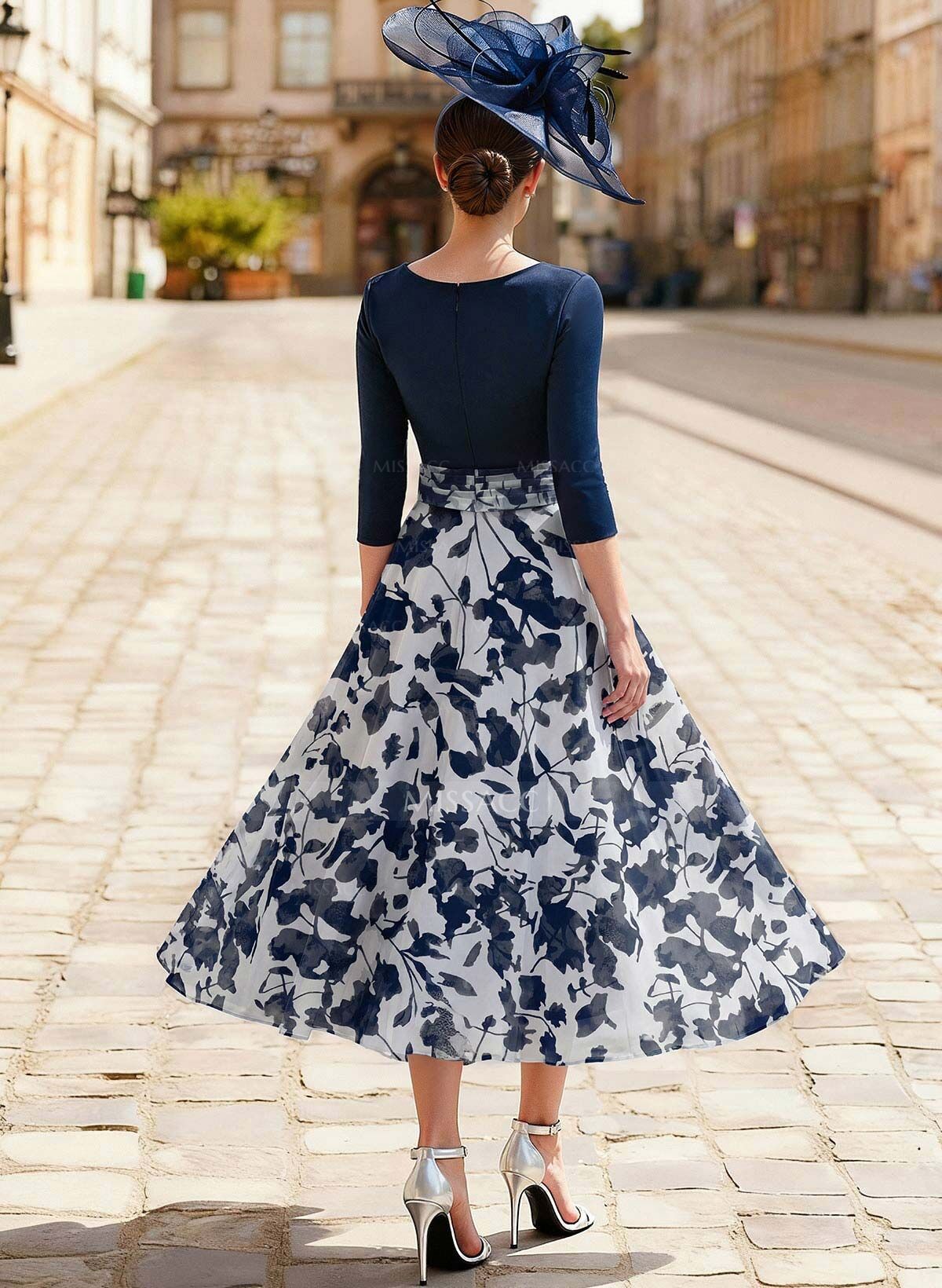 A-Line V-Neck 3/4 Sleeves Tea-Length Stretch Chiffon Mother Of The Bride Dresses With Flower(s)