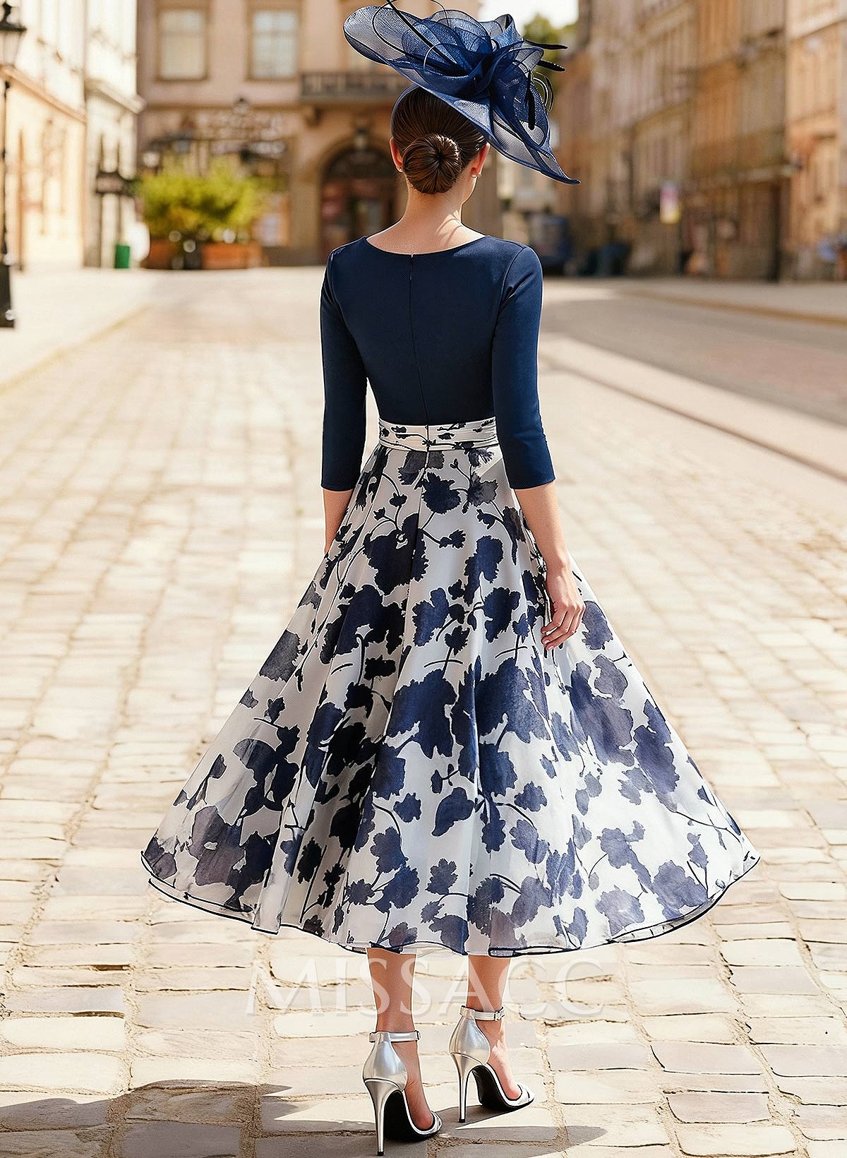 A-Line V-Neck 3/4 Sleeves Tea-Length Stretch Chiffon Mother Of The Bride Dresses With Floral-Print