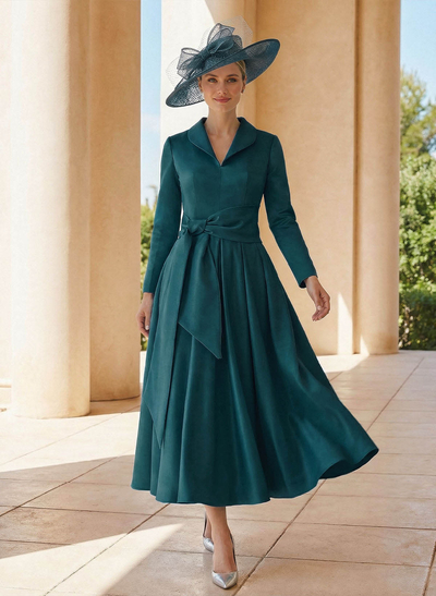 A-Line V-Neck Long Sleeves Ankle-Length Satin Mother Of The Bride Dresses With Bow(s)/Pleated