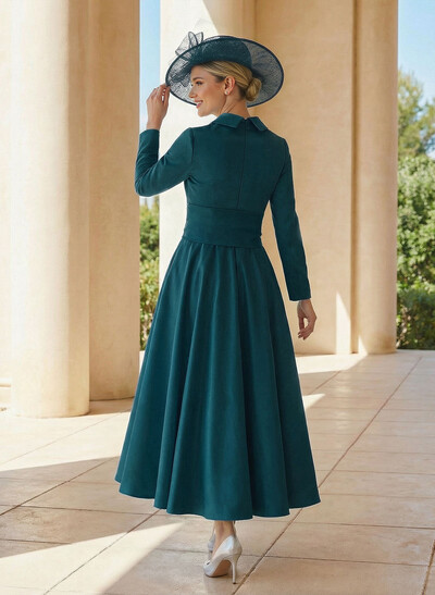 A-Line V-Neck Long Sleeves Ankle-Length Satin Mother Of The Bride Dresses With Bow(s)/Pleated