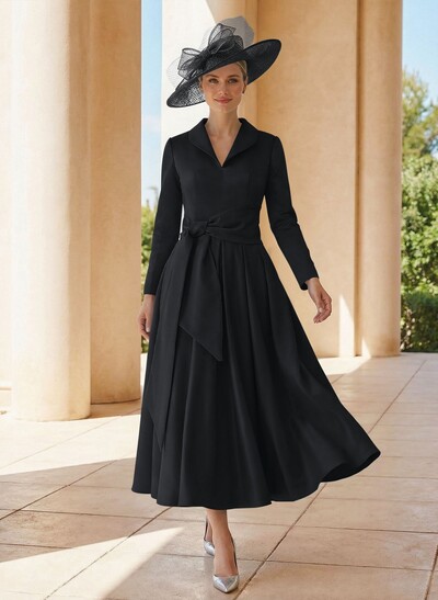A-Line V-Neck Long Sleeves Ankle-Length Satin Mother Of The Bride Dresses With Bow(s)/Pleated